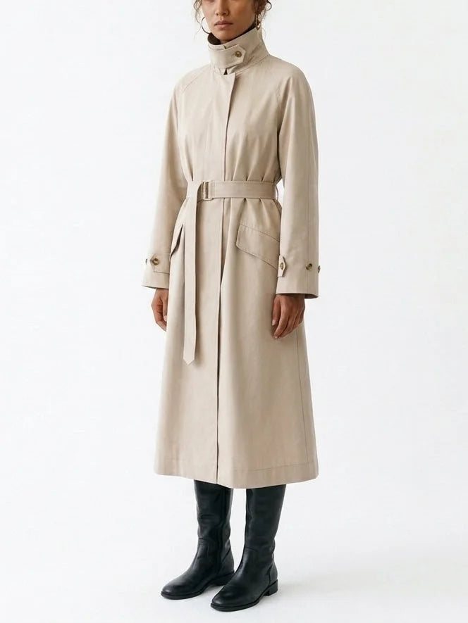 Belted High Collar Cotton Long Trench Coat - Coats