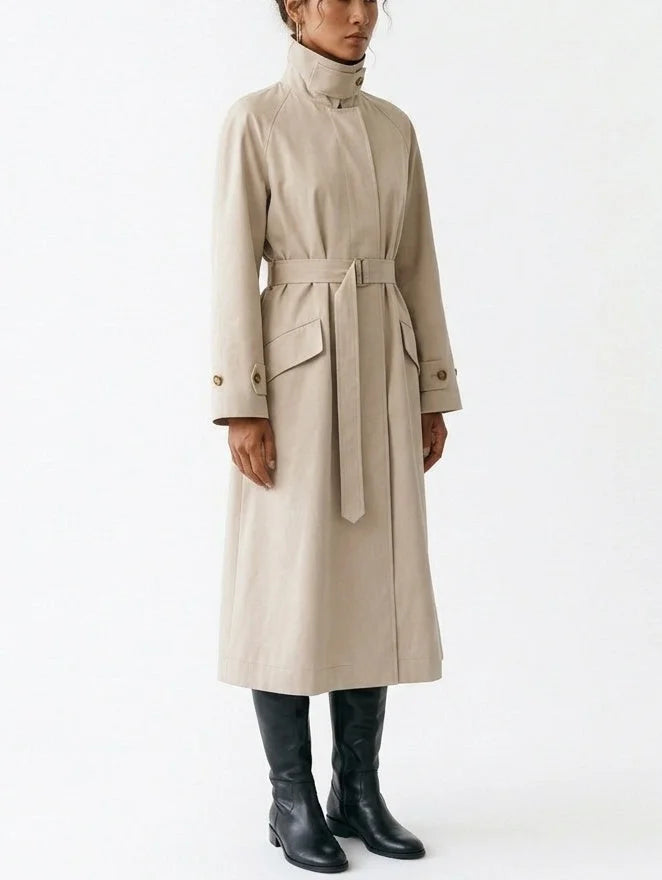Belted High Collar Cotton Long Trench Coat - Coats