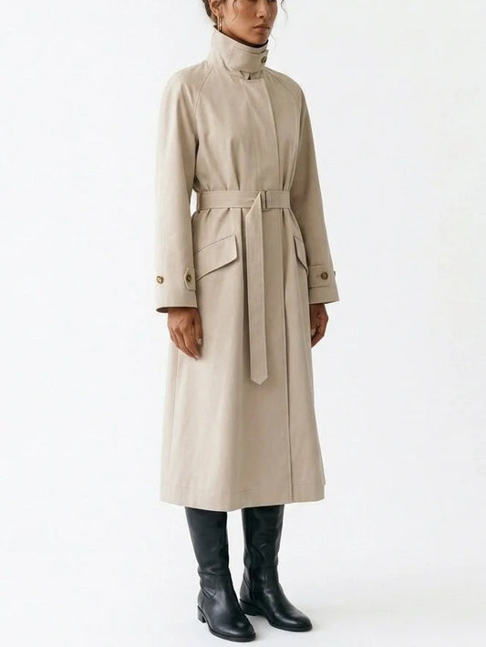 Belted High Collar Cotton Long Trench Coat - Coats