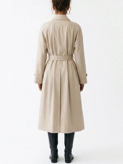 Belted High Collar Cotton Long Trench Coat - Coats