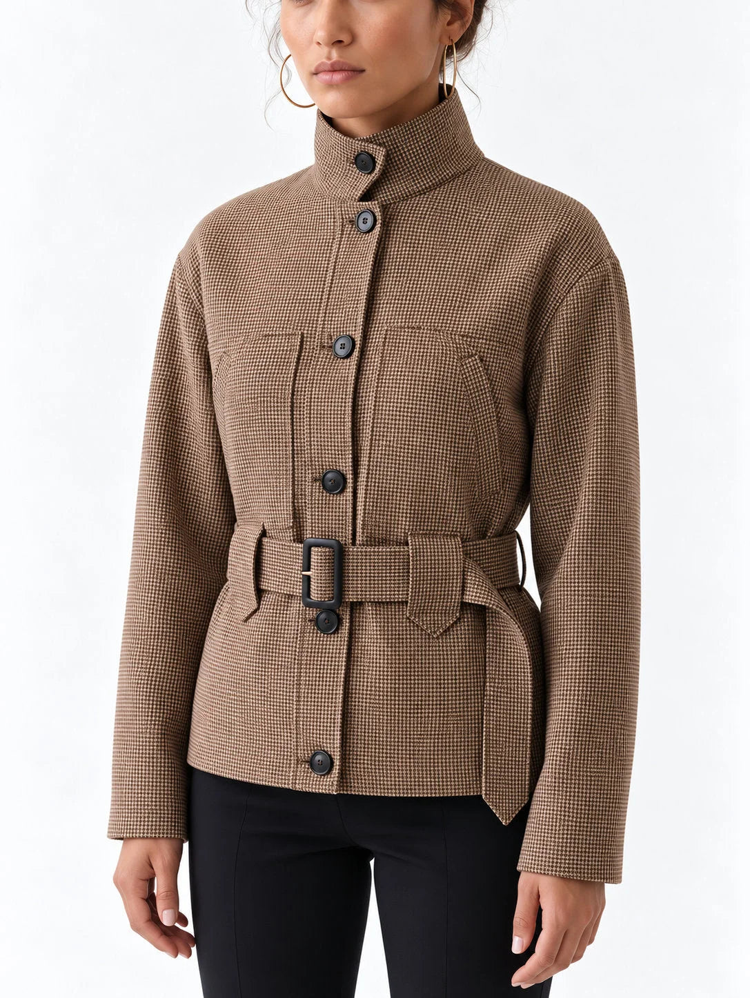 Belted High Neck Check Jacket with Chest Pockets - Jackets