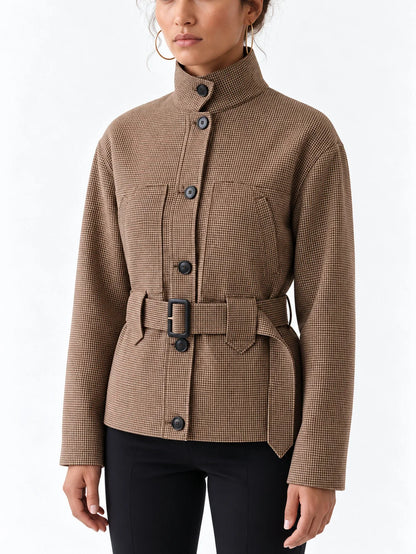Belted High Neck Check Jacket with Chest Pockets - Jackets