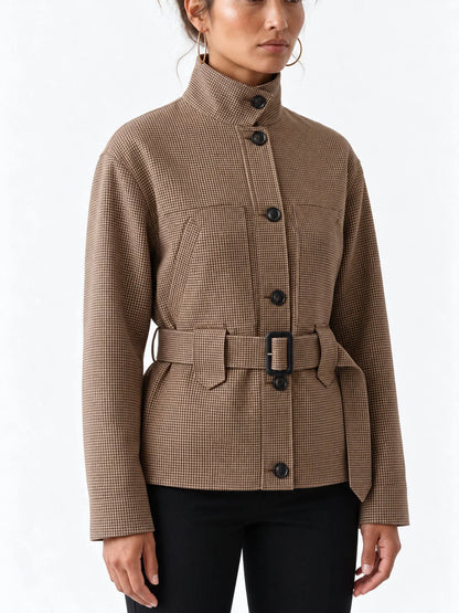 Belted High Neck Check Jacket with Chest Pockets - Jackets