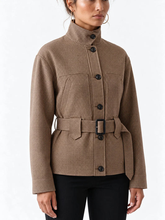 Belted High Neck Check Jacket with Chest Pockets - Jackets