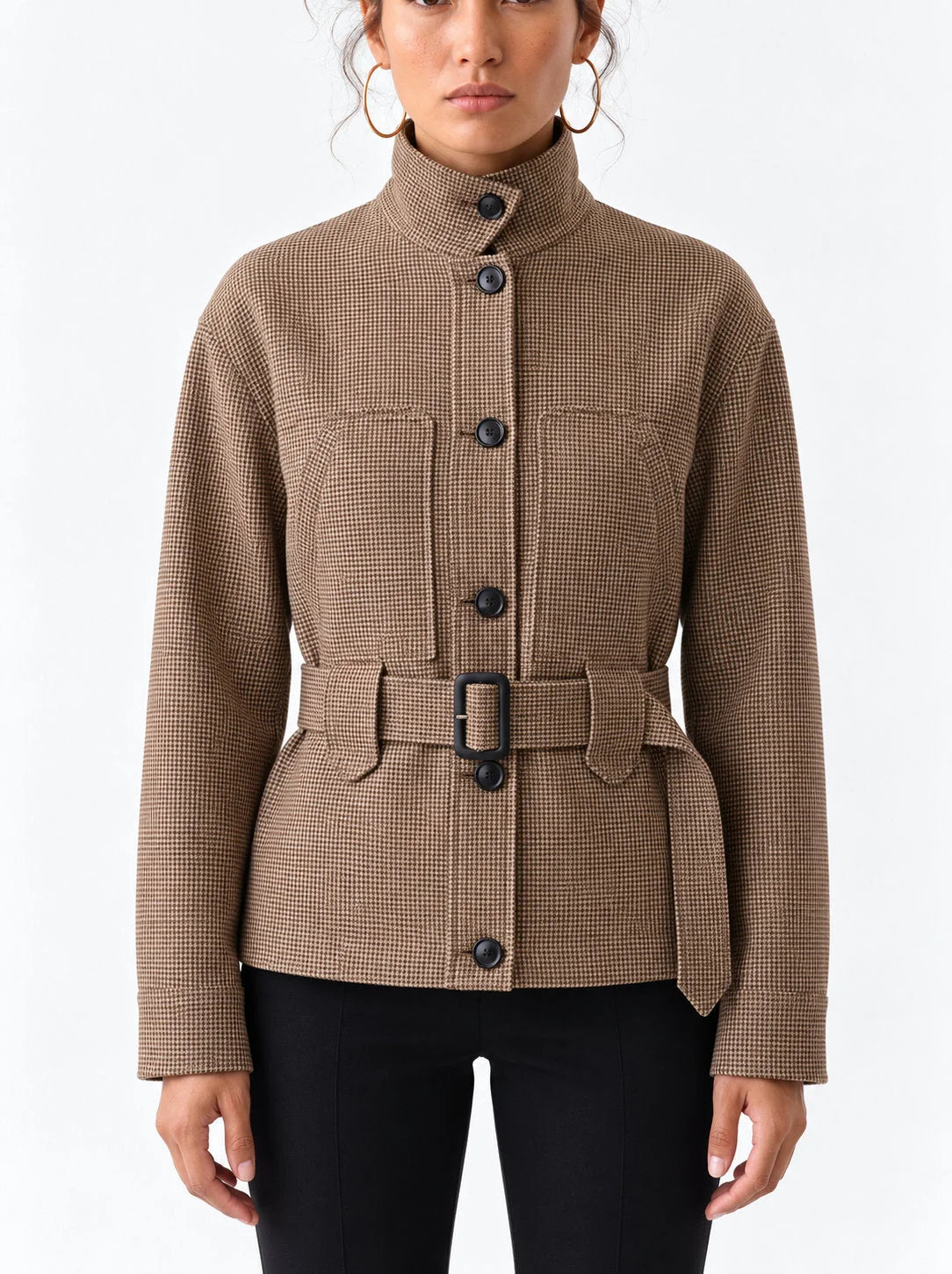 Belted High Neck Check Jacket with Chest Pockets - Jackets