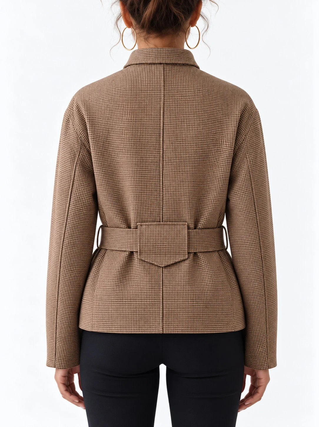 Belted High Neck Check Jacket with Chest Pockets - Jackets