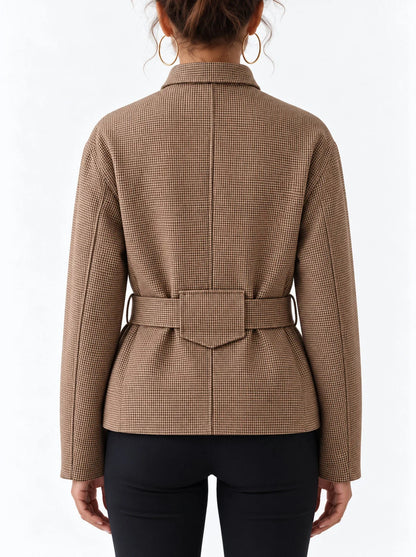 Belted High Neck Check Jacket with Chest Pockets - Jackets
