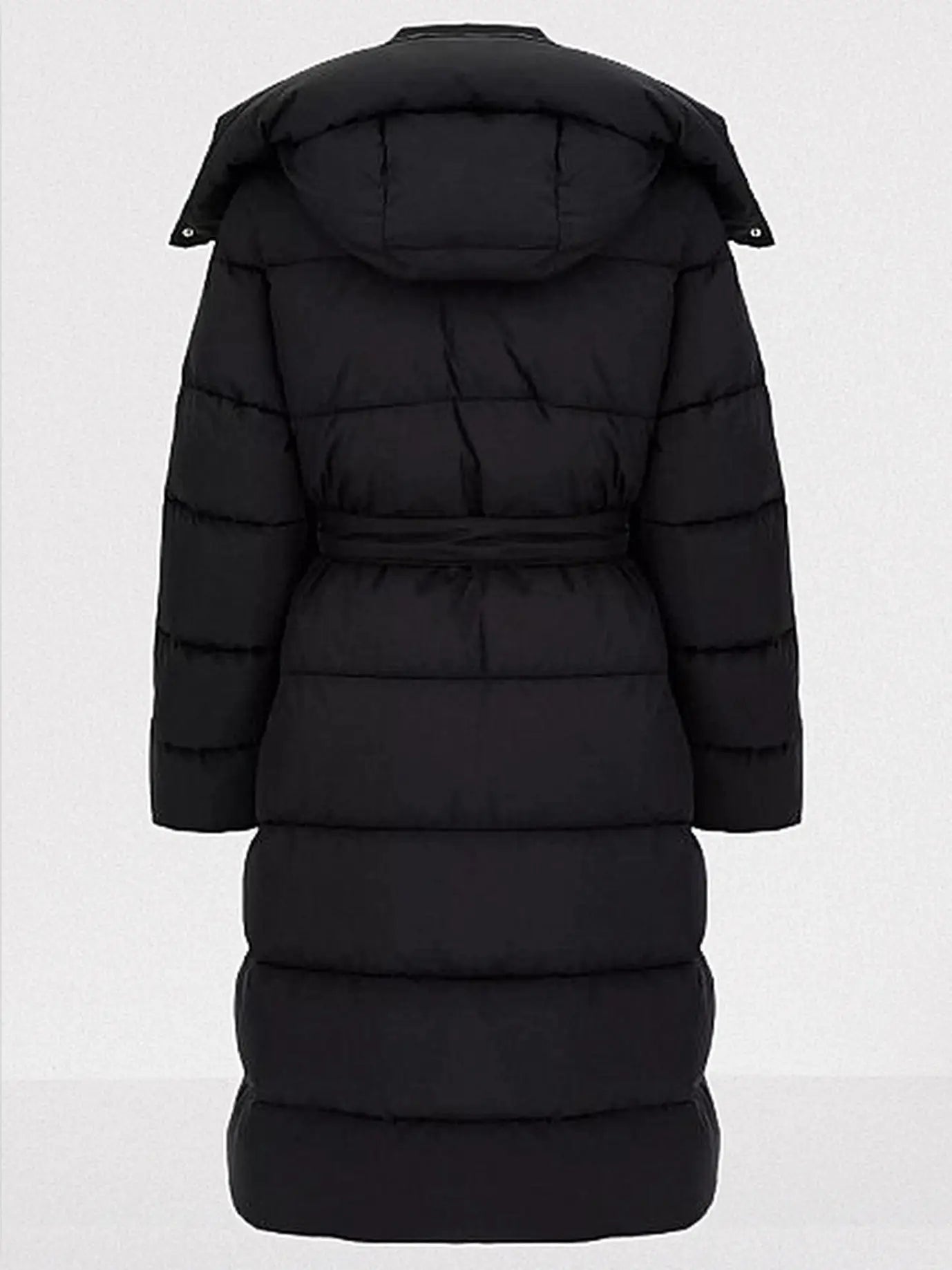 Belted Hooded High-Collar Down Coat in Black - Coats