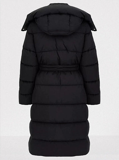Belted Hooded High-Collar Down Coat in Black - Coats