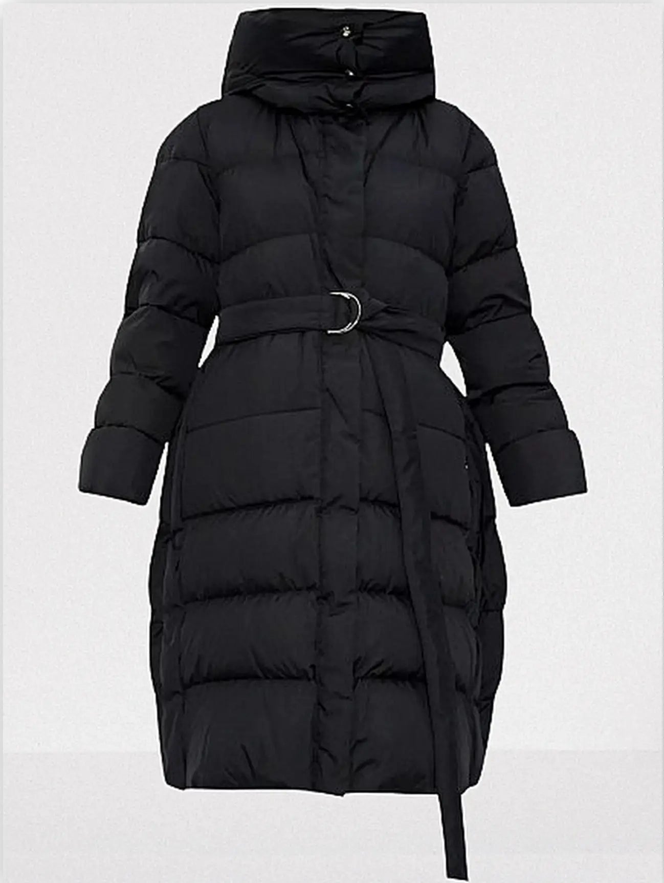 Belted Hooded High-Collar Down Coat in Black - Coats