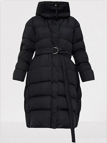 Belted Hooded High-Collar Down Coat in Black - Coats