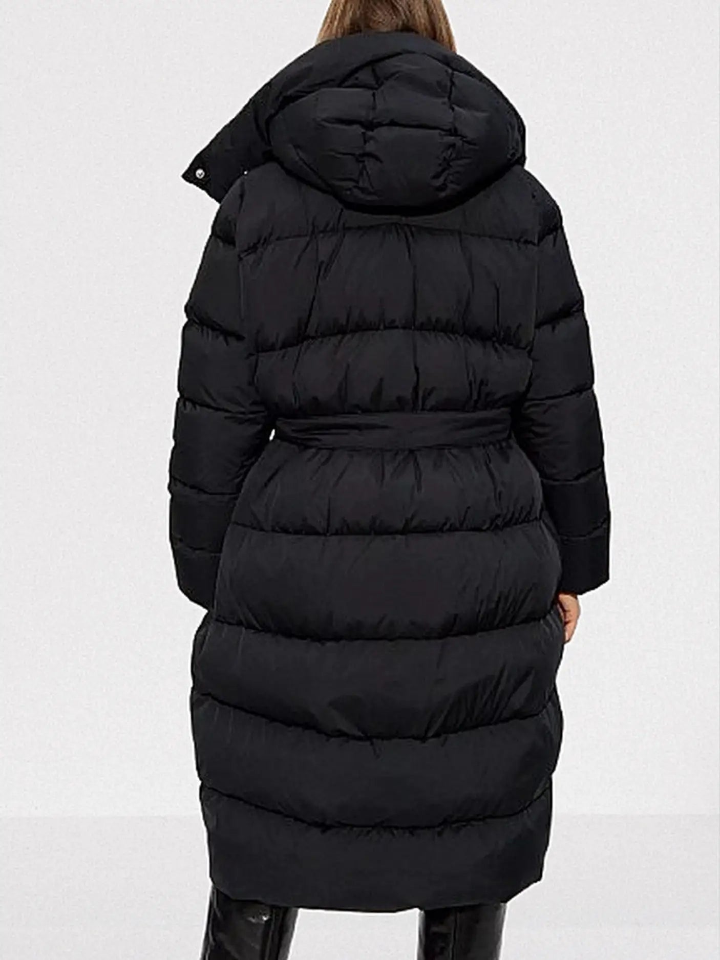 Belted Hooded High-Collar Down Coat in Black - Coats