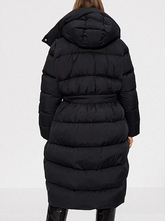 Belted Hooded High-Collar Down Coat in Black - Coats