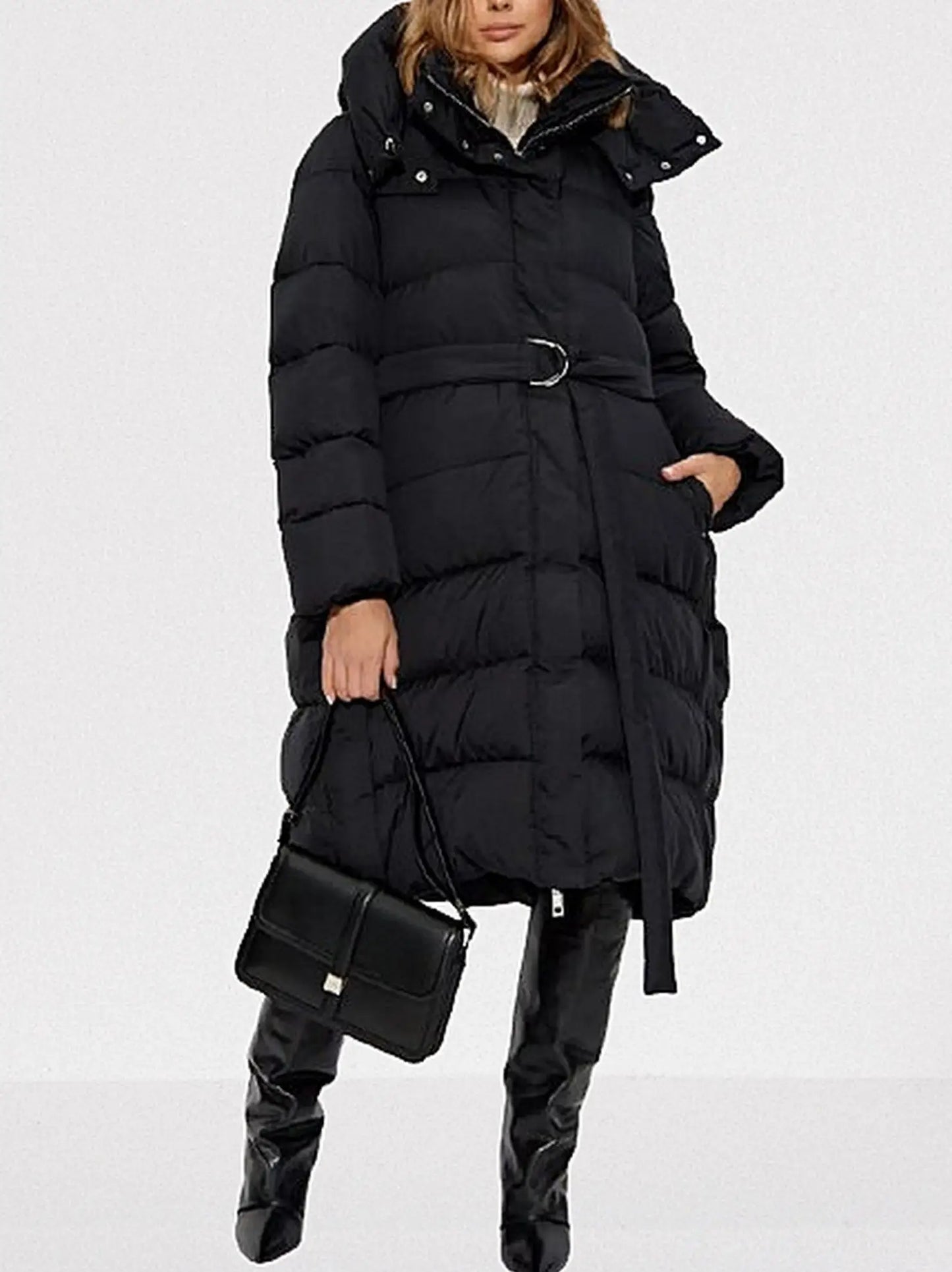 Belted Hooded High-Collar Down Coat in Black - Coats