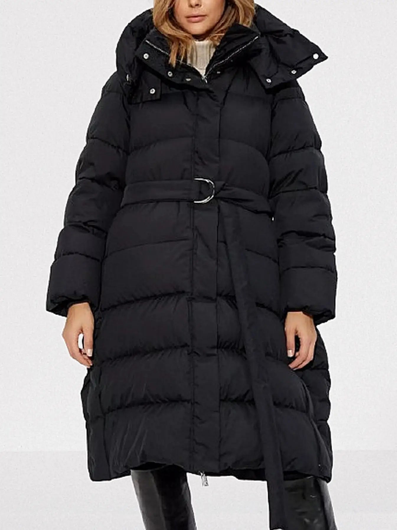 Belted Hooded High-Collar Down Coat in Black - Coats