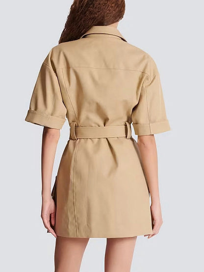 Belted Lace-Up Cotton Mini Dress - Dresses