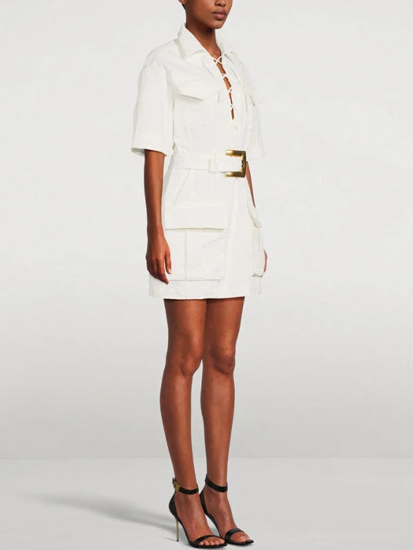 Belted Lace-Up Cotton Mini Dress - Dresses