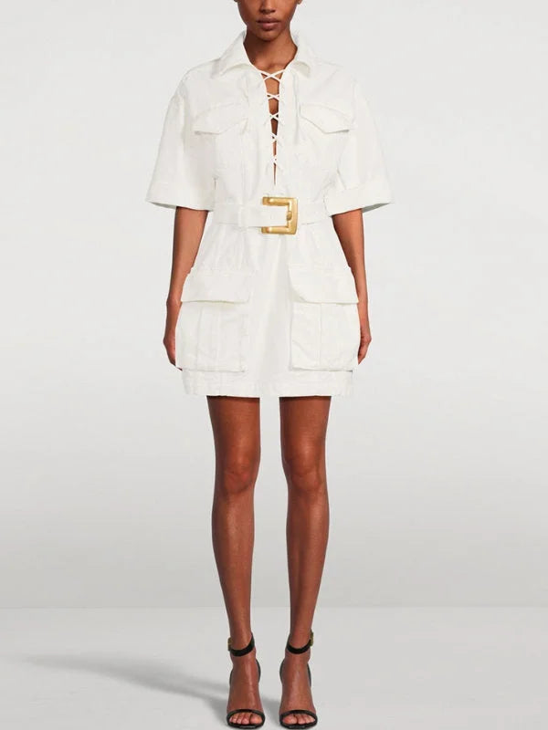 Belted Lace-Up Cotton Mini Dress - Small / White - Dresses
