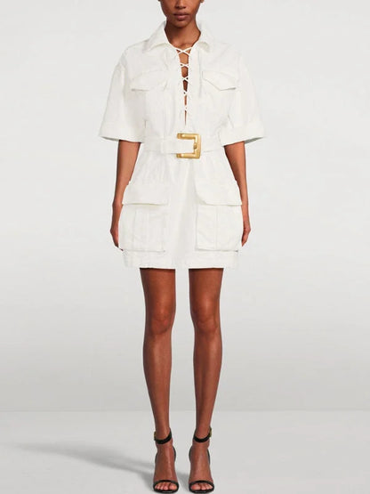Belted Lace-Up Cotton Mini Dress - Small / White - Dresses
