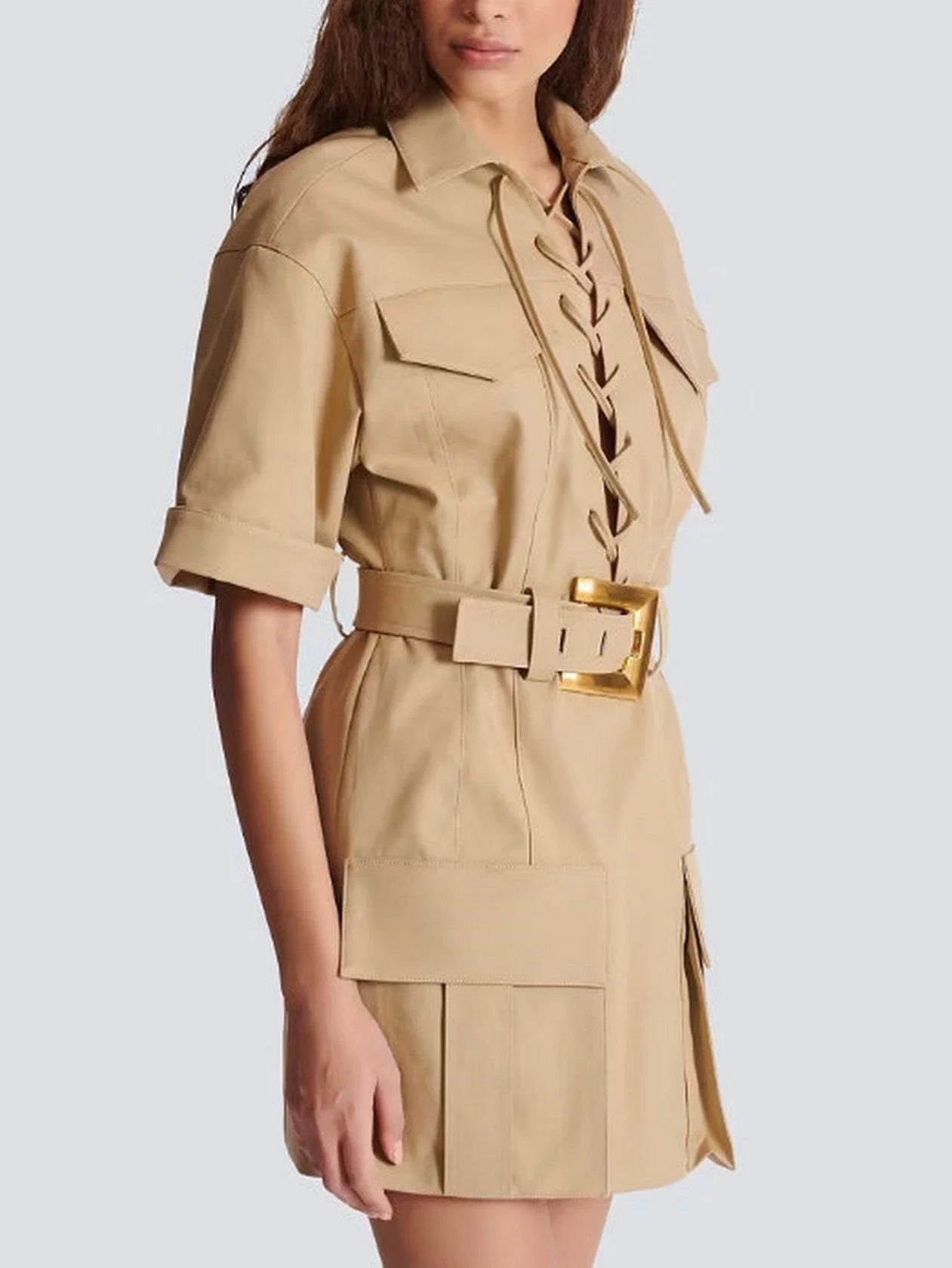 Belted Lace-Up Cotton Mini Dress - Dresses