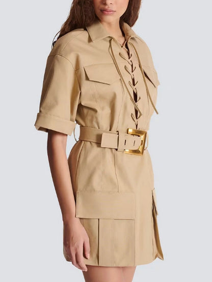 Belted Lace-Up Cotton Mini Dress - Dresses