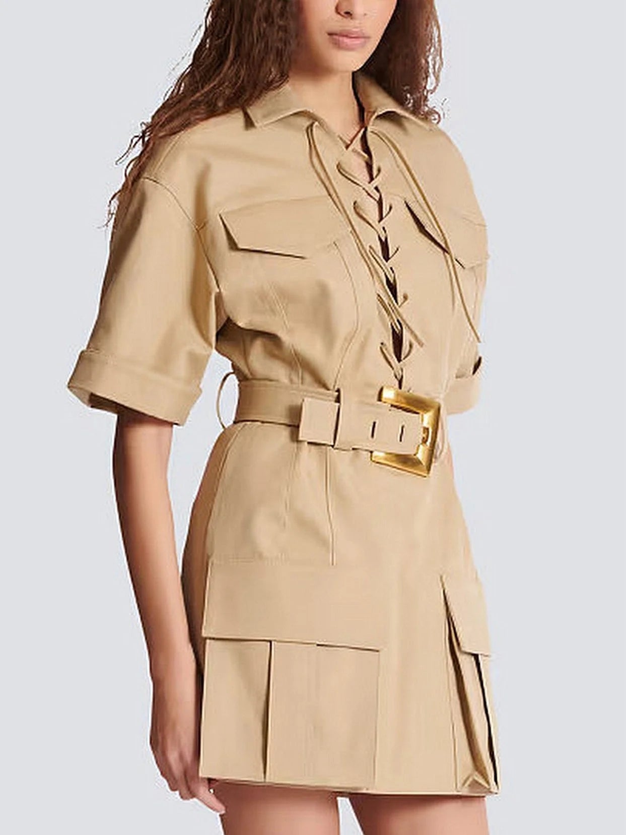 Belted Lace-Up Cotton Mini Dress - Dresses