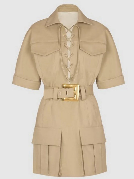 Belted Lace-Up Cotton Mini Dress - Small / Beige - Dresses