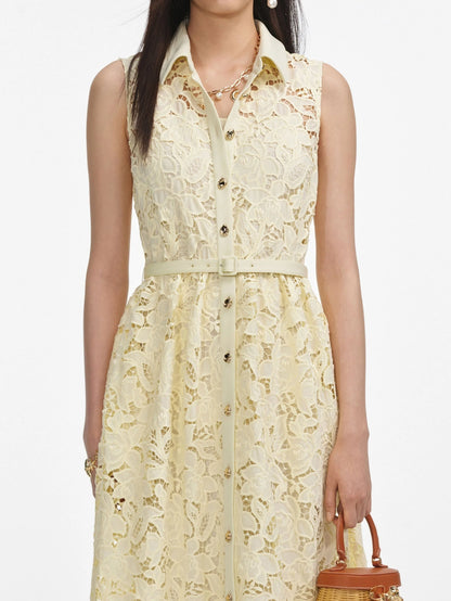 Belted Lace Sleeveless Maxi Dress in Yellow Dresses
