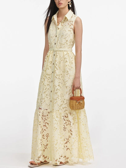 Belted Lace Sleeveless Maxi Dress in Yellow Dresses
