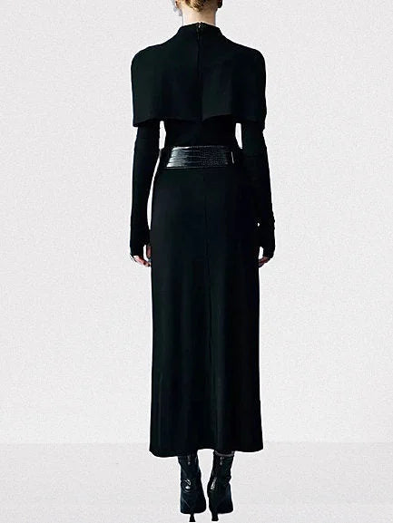 Belted Long Black Capelet High-Neck Dress - Dresses