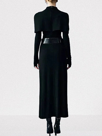 Belted Long Black Capelet High-Neck Dress - Dresses