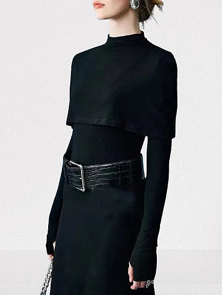 Belted Long Black Capelet High-Neck Dress - Dresses