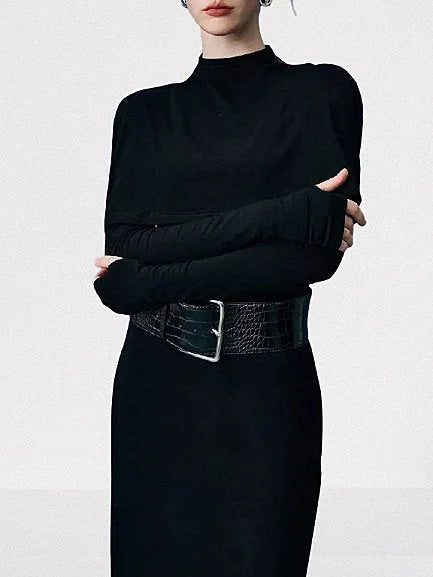 Belted Long Black Capelet High-Neck Dress - Dresses