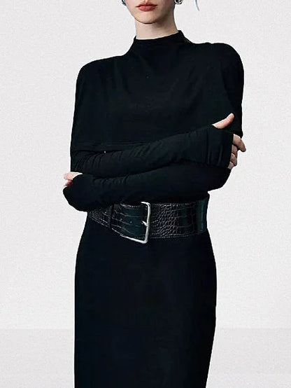 Belted Long Black Capelet High-Neck Dress - Dresses