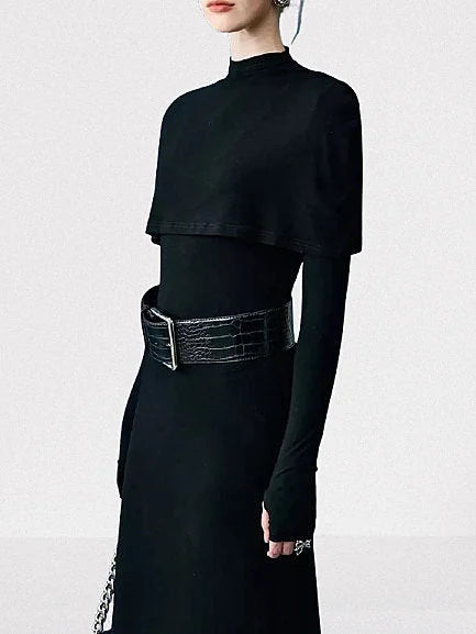 Belted Long Black Capelet High-Neck Dress - Dresses