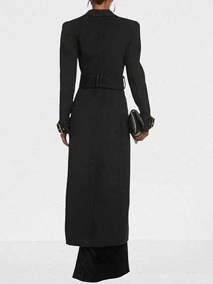 Belted Long Black Wool-Blend Trench Coat - Coats