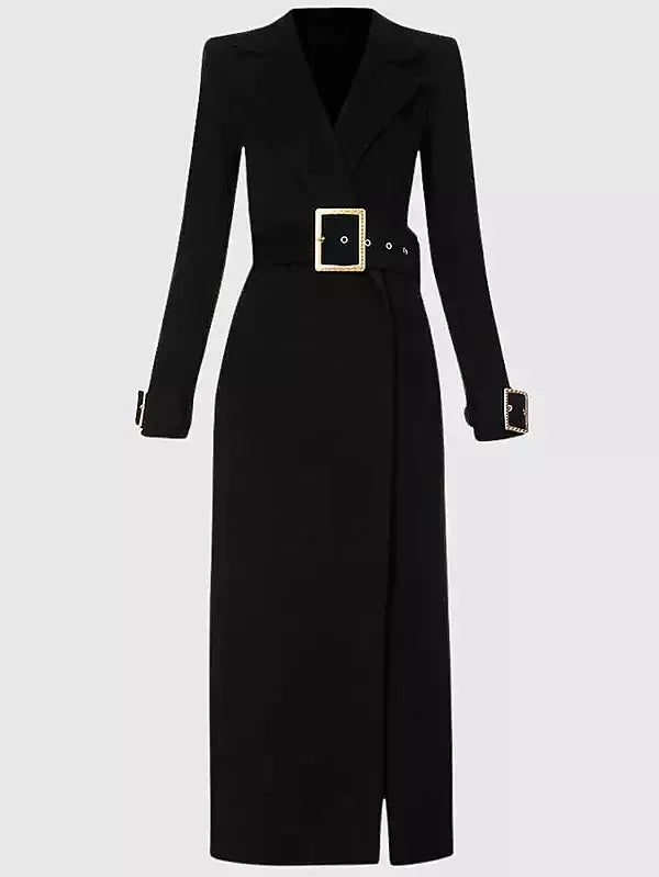 Belted Long Black Wool-Blend Trench Coat - Coats