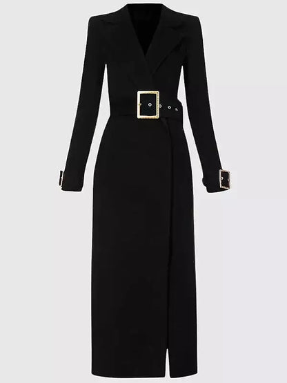 Belted Long Black Wool-Blend Trench Coat - Coats