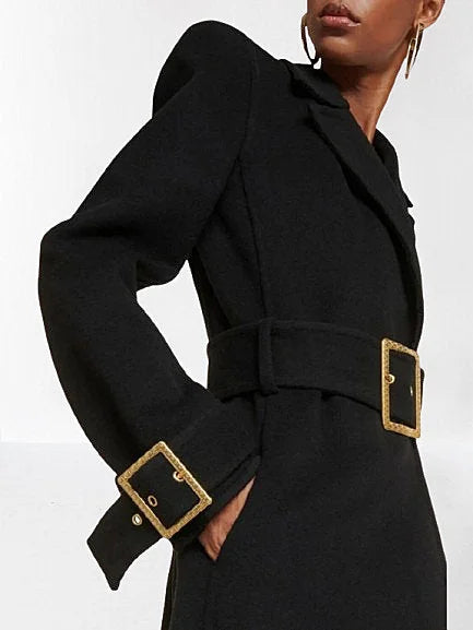 Belted Long Black Wool-Blend Trench Coat - Coats
