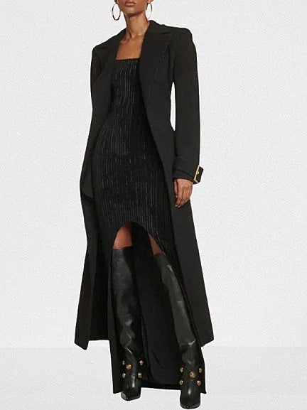 Belted Long Black Wool-Blend Trench Coat - Coats