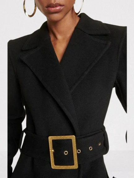 Belted Long Black Wool-Blend Trench Coat - Coats