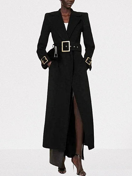 Belted Long Black Wool-Blend Trench Coat - Coats