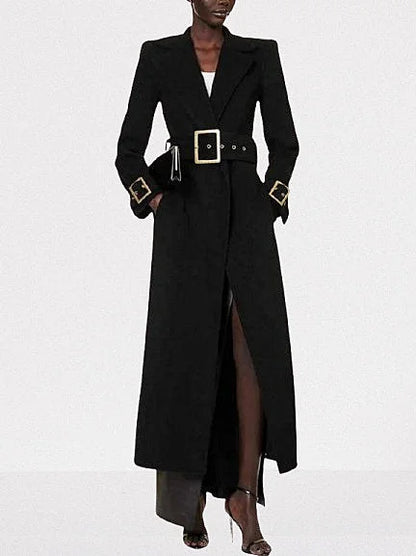 Belted Long Black Wool-Blend Trench Coat - Coats