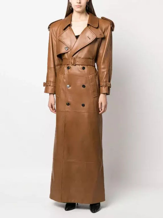 Belted Double-Breasted Long Lambskin Leather Coat - Branna Couture