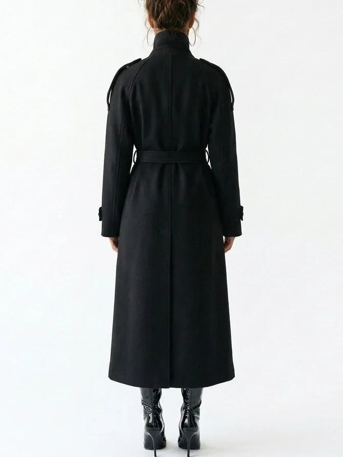 Belted Long Double Breasted Wool Blend Coat - Coats