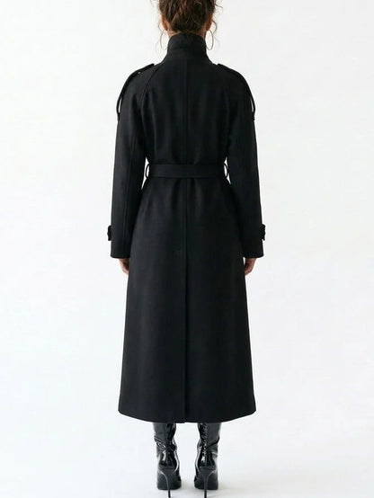 Belted Long Double Breasted Wool Blend Coat - Coats