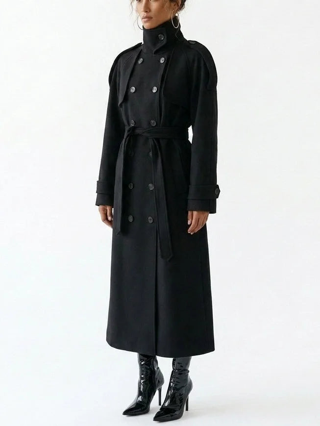 Belted Long Double Breasted Wool Blend Coat - Coats