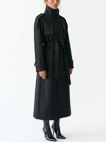 Belted Long Double Breasted Wool Blend Coat - Coats