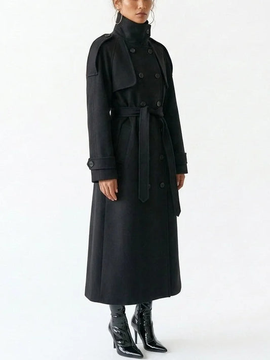 Belted Long Double Breasted Wool Blend Coat - Coats
