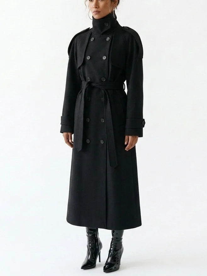 Belted Long Double Breasted Wool Blend Coat - Coats